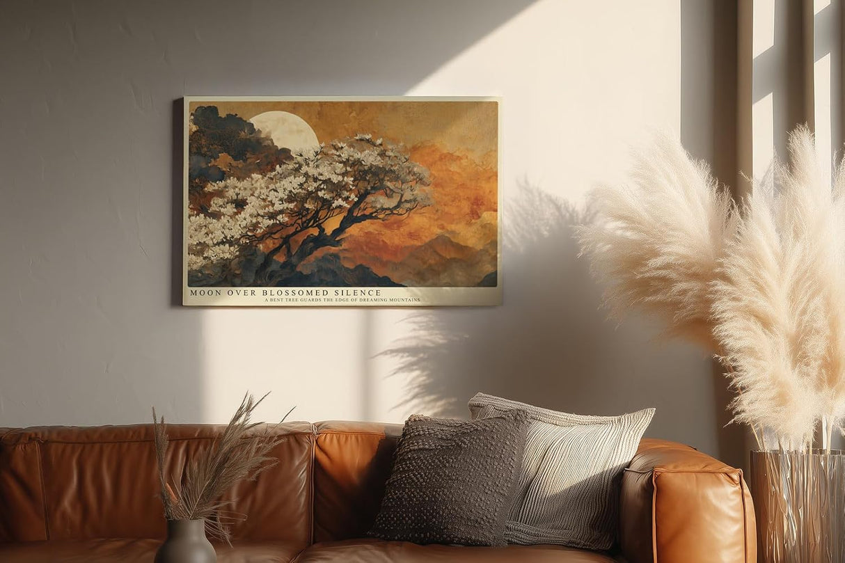 Paul Sinus Wandbild 120x80cm Mond Landschaft Baum Blueten Asiatische Natur Kunstmotiv Abendliche Bergszene mit Vollmond
