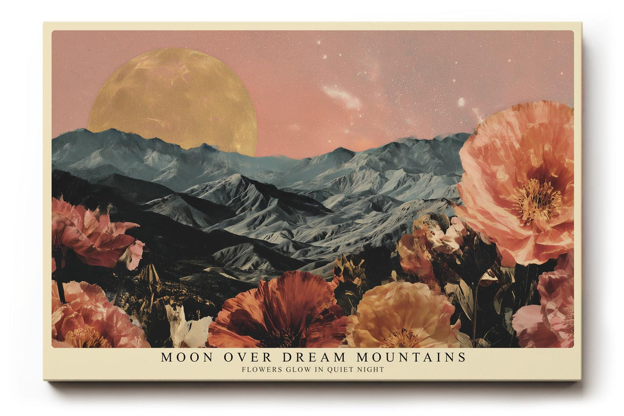 Paul Sinus Wandbild 120x80cm Mond Über Bergen Blumen Landschaft LeinWandbild 120x80cm Traumhafte Natur Wanddekoration
