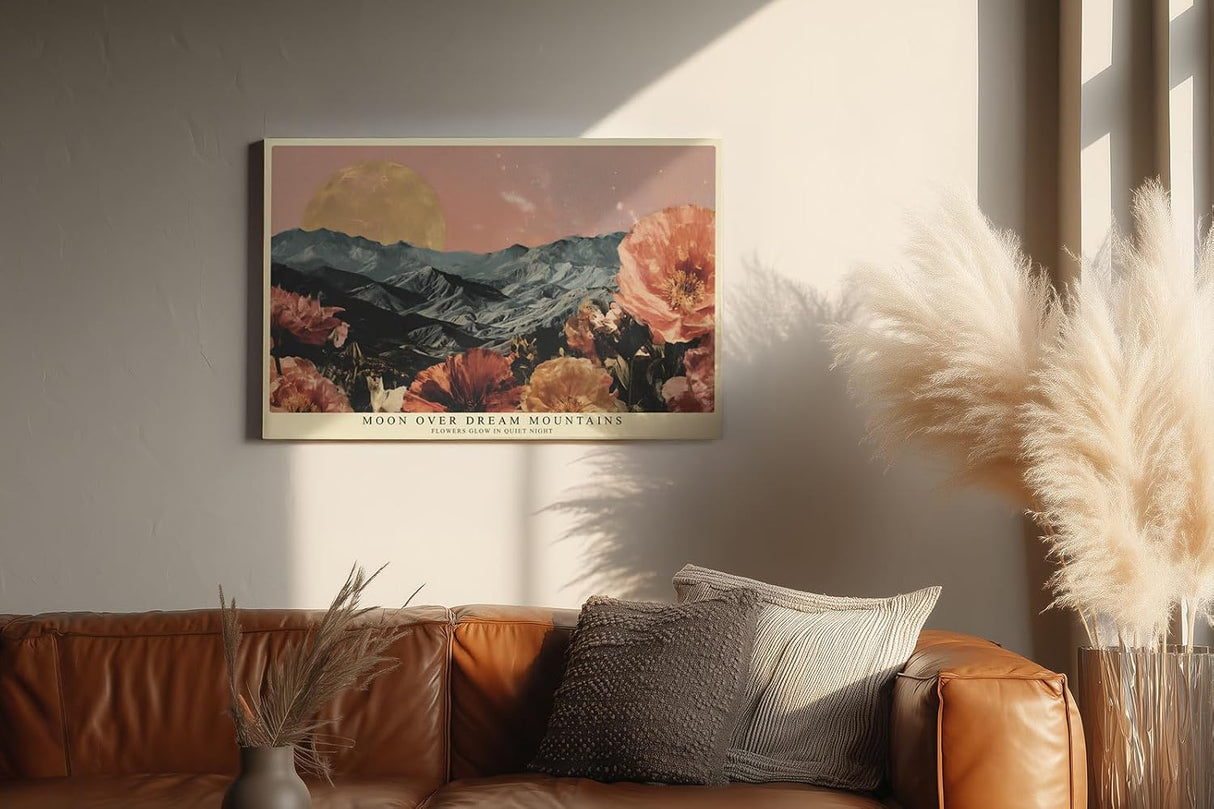 Paul Sinus Wandbild 120x80cm Mond Über Bergen Blumen Landschaft LeinWandbild 120x80cm Traumhafte Natur Wanddekoration