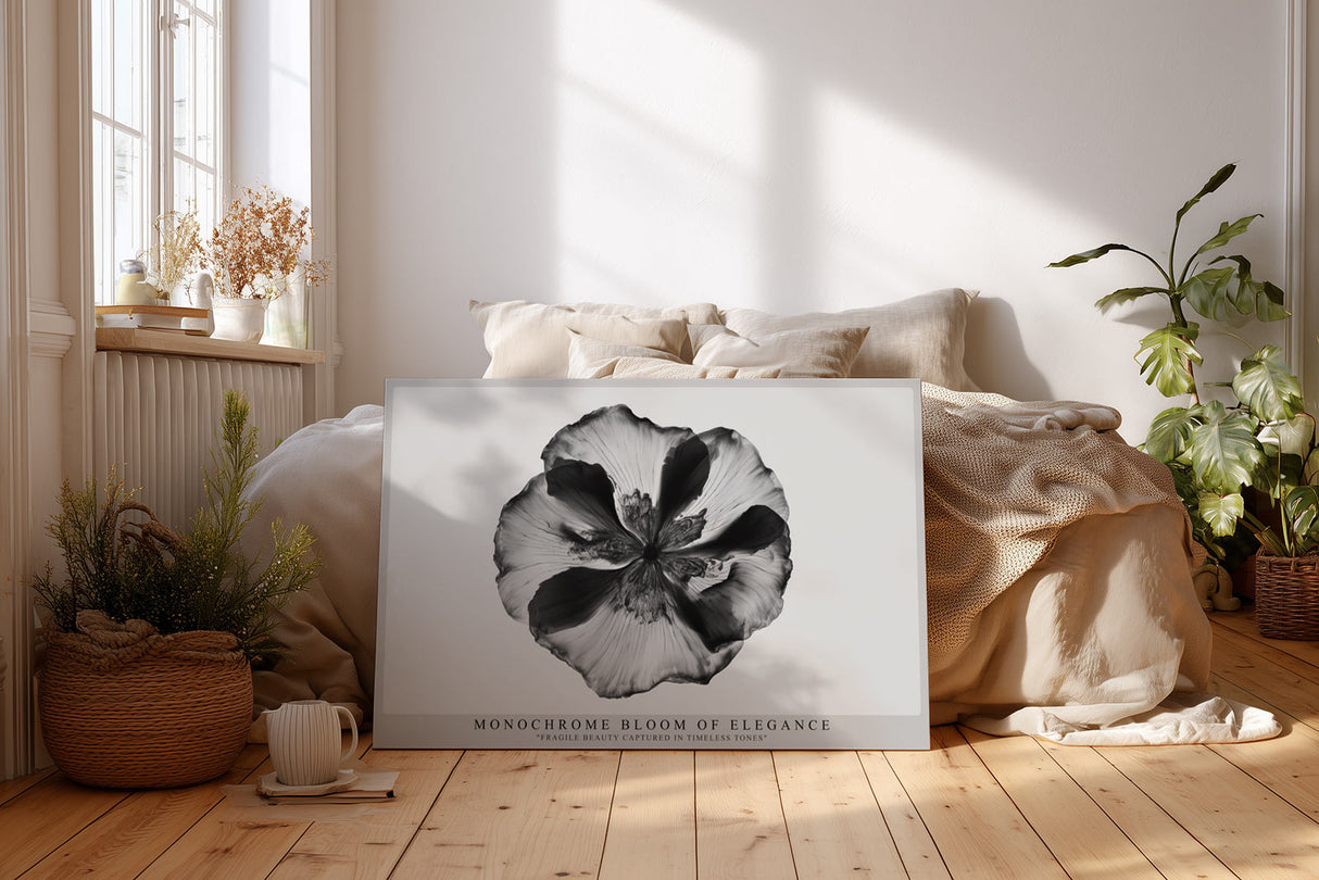 Paul Sinus Wandbild Monochrome Bloom of Elegance – Minimalistische Blütendarstellung in Schwarzweiß – Zeitloses Wandbild mit klarer Form und ruhiger Ästhetik.