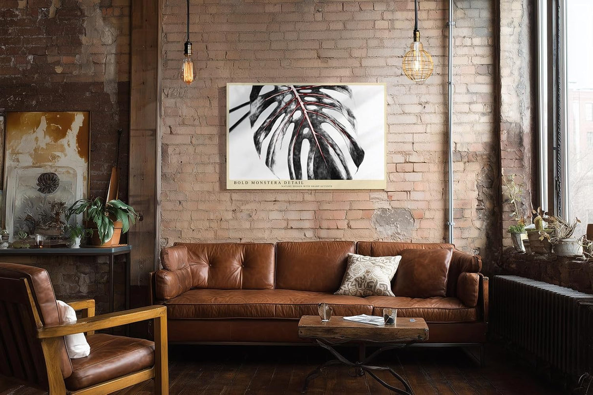 Paul Sinus Wandbild 120x80cm Monstera Blatt Detail Schwarz Weiss mit roten Linien moderne botanische Kunst Makro Pflanzenbild für Wohnzimmer Büro