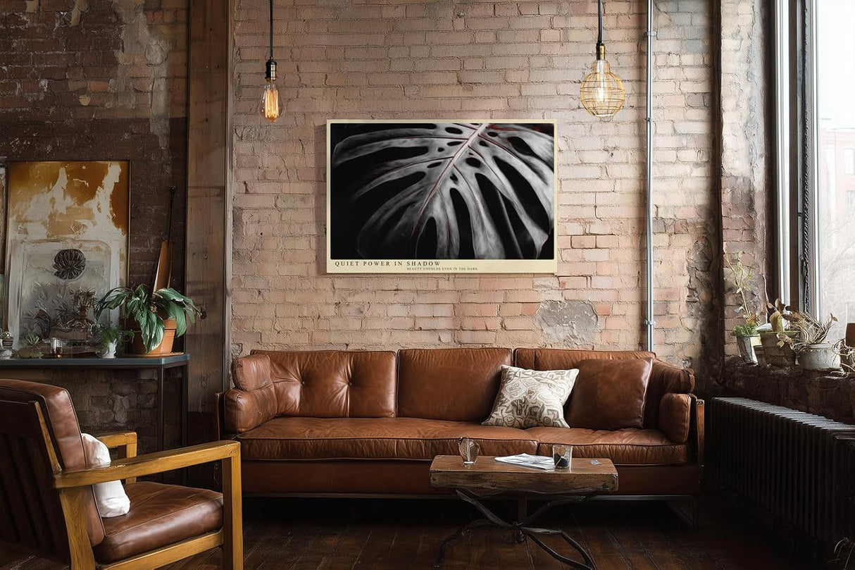Paul Sinus Wandbild 120x80cm Monstera Blatt dunkel minimalistische Pflanzenkunst schwarz weiss moderne botanische Wanddekoration fuer Wohnzimmer Büro