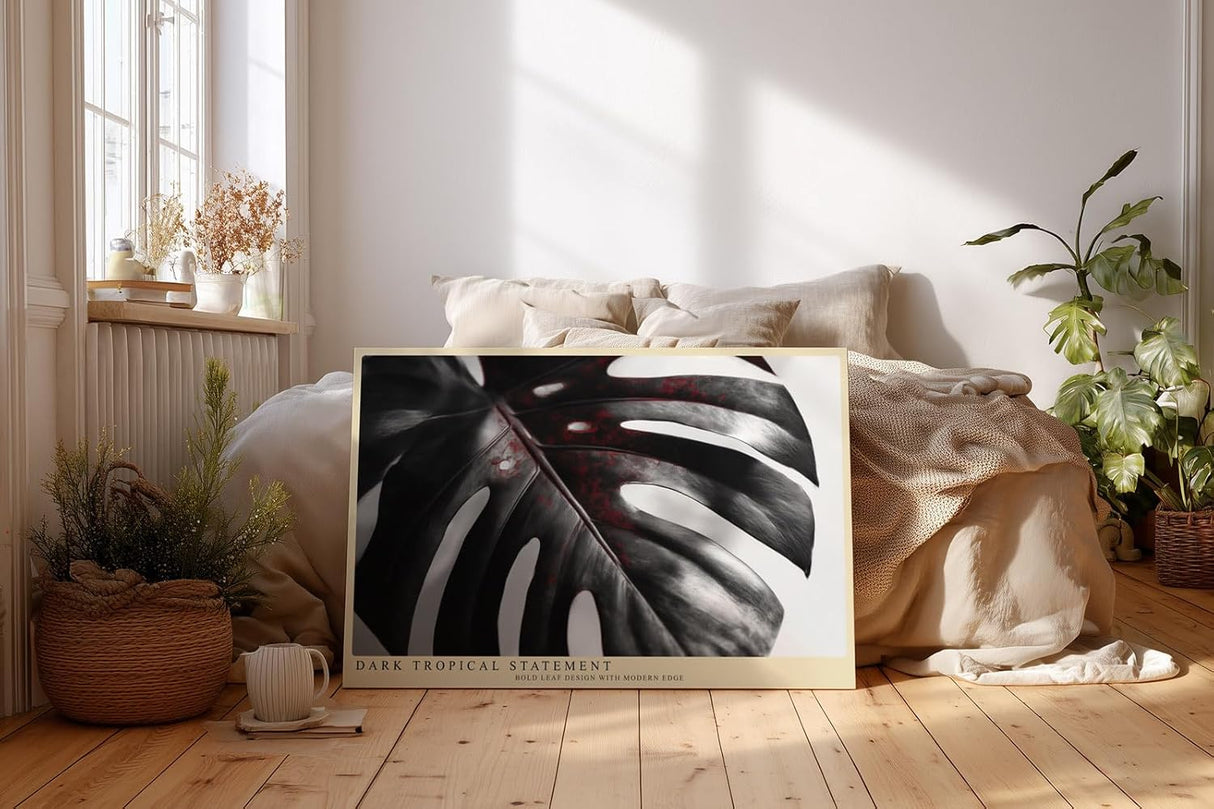 Paul Sinus Wandbild 120x80cm Monstera Blatt Schwarz Weiss Fotokunst tropische Pflanzen Makroaufnahme modernes Natur Kunstbild für Wohnzimmer Büro