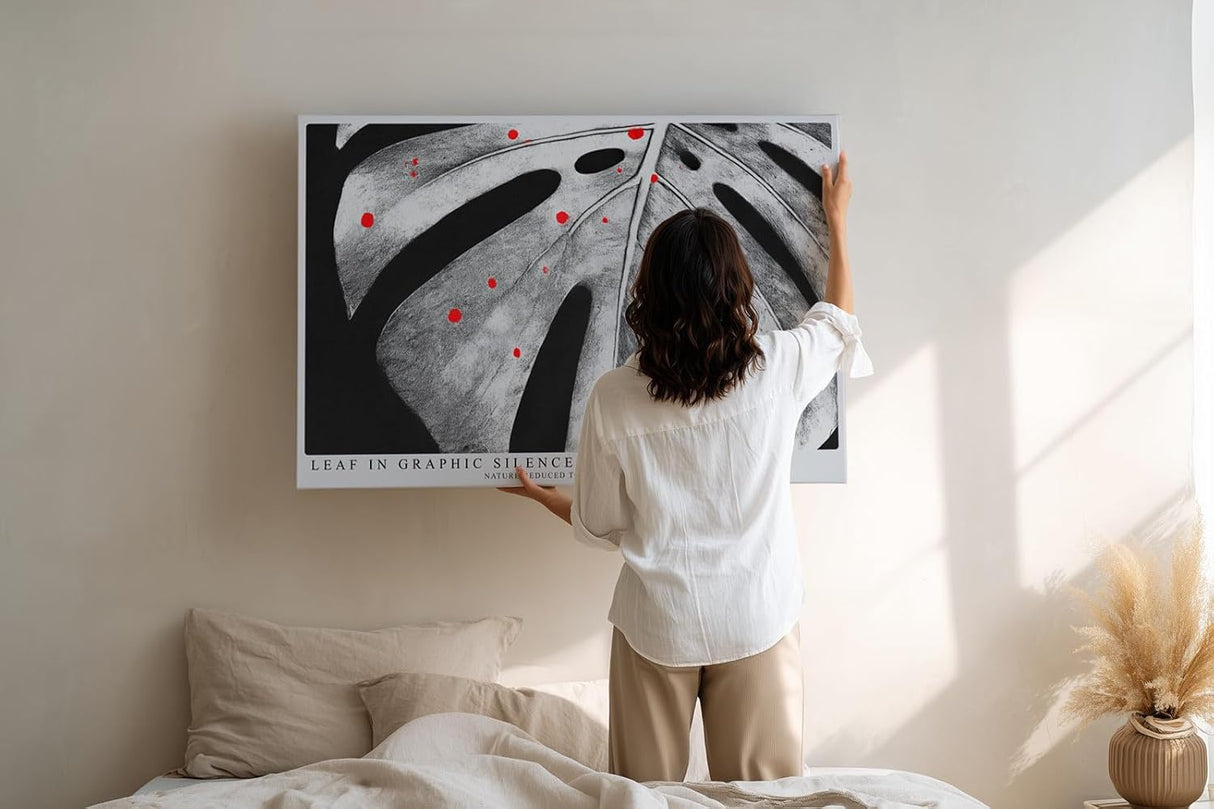 Paul Sinus Wandbild 120x80cm Monstera Blatt schwarz weiss minimalistische Natur Kunst modern grafisches Blattmotiv Kunstdruck grosses Wandbild 120x80cm elegante Wanddekoration fuer Wohnzimmer Büro