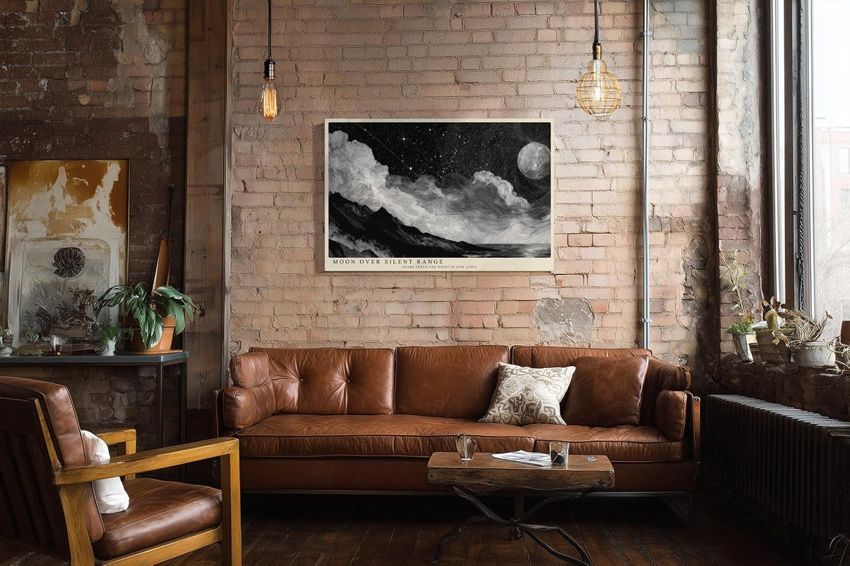 Paul Sinus Wandbild 120x80cm Moon Over Silent Range schwarz weiß Nachtlandschaft mit Mond und Sternenhimmel Kunst Poster für Wohnzimmer Schlafzimmer