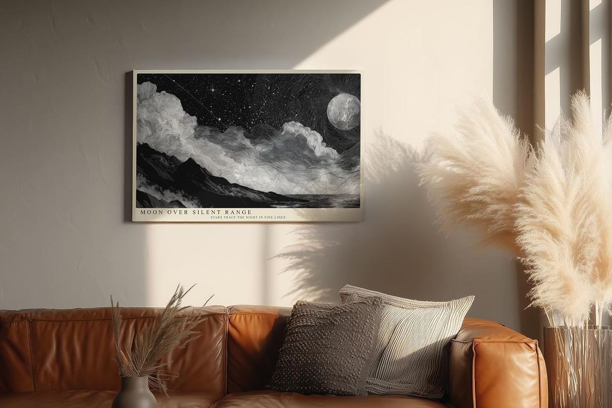 Paul Sinus Wandbild 120x80cm Moon Over Silent Range schwarz weiß Nachtlandschaft mit Mond und Sternenhimmel Kunst Poster für Wohnzimmer Schlafzimmer