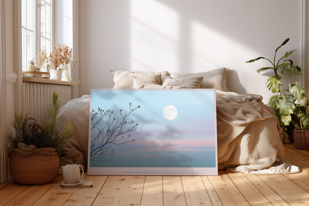 Paul Sinus Wandbild Moonlight Above the Quiet Land – Poetische Abendstimmung mit Vollmond über stiller Landschaft und zarten Zweigen, Symbol für Ruhe und Balance