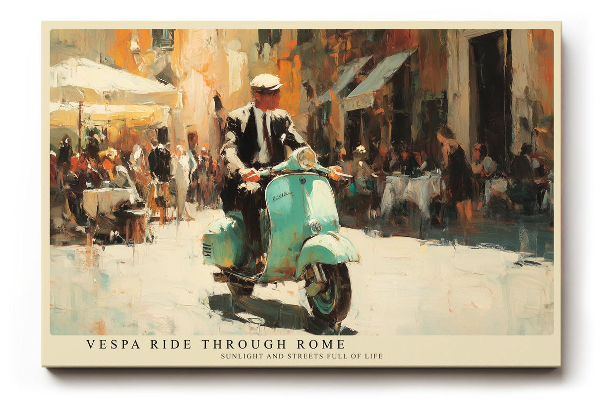 Paul Sinus Wandbild 120x80cm MotorrollerFahrt durch Rom Italienische Stadt Szene Kunst in Warmen Farben für Wohnzimmer Küche Büro