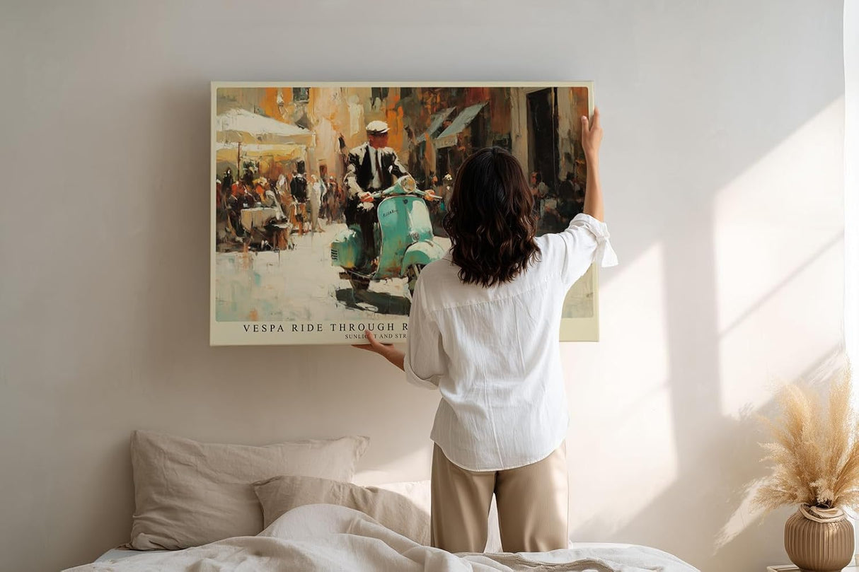 Paul Sinus Wandbild 120x80cm MotorrollerFahrt durch Rom Italienische Stadt Szene Kunst in Warmen Farben für Wohnzimmer Küche Büro