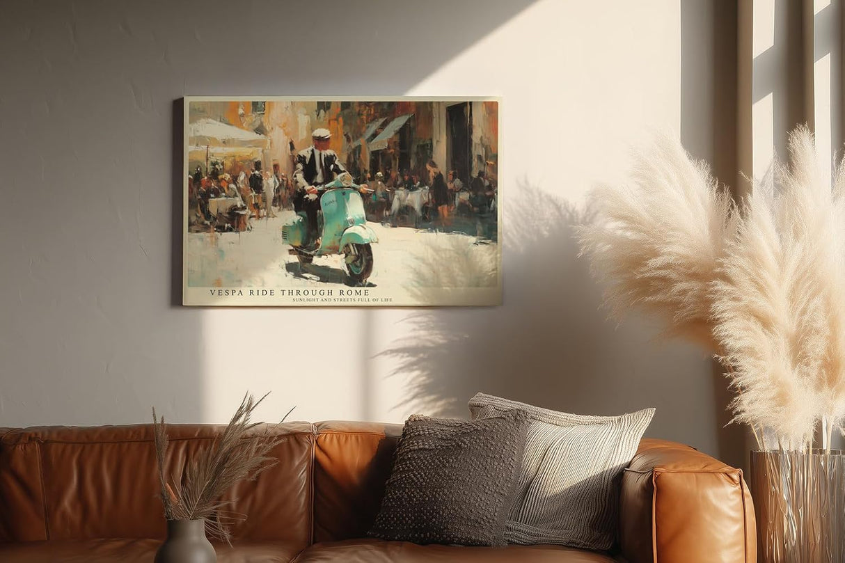 Paul Sinus Wandbild 120x80cm MotorrollerFahrt durch Rom Italienische Stadt Szene Kunst in Warmen Farben für Wohnzimmer Küche Büro