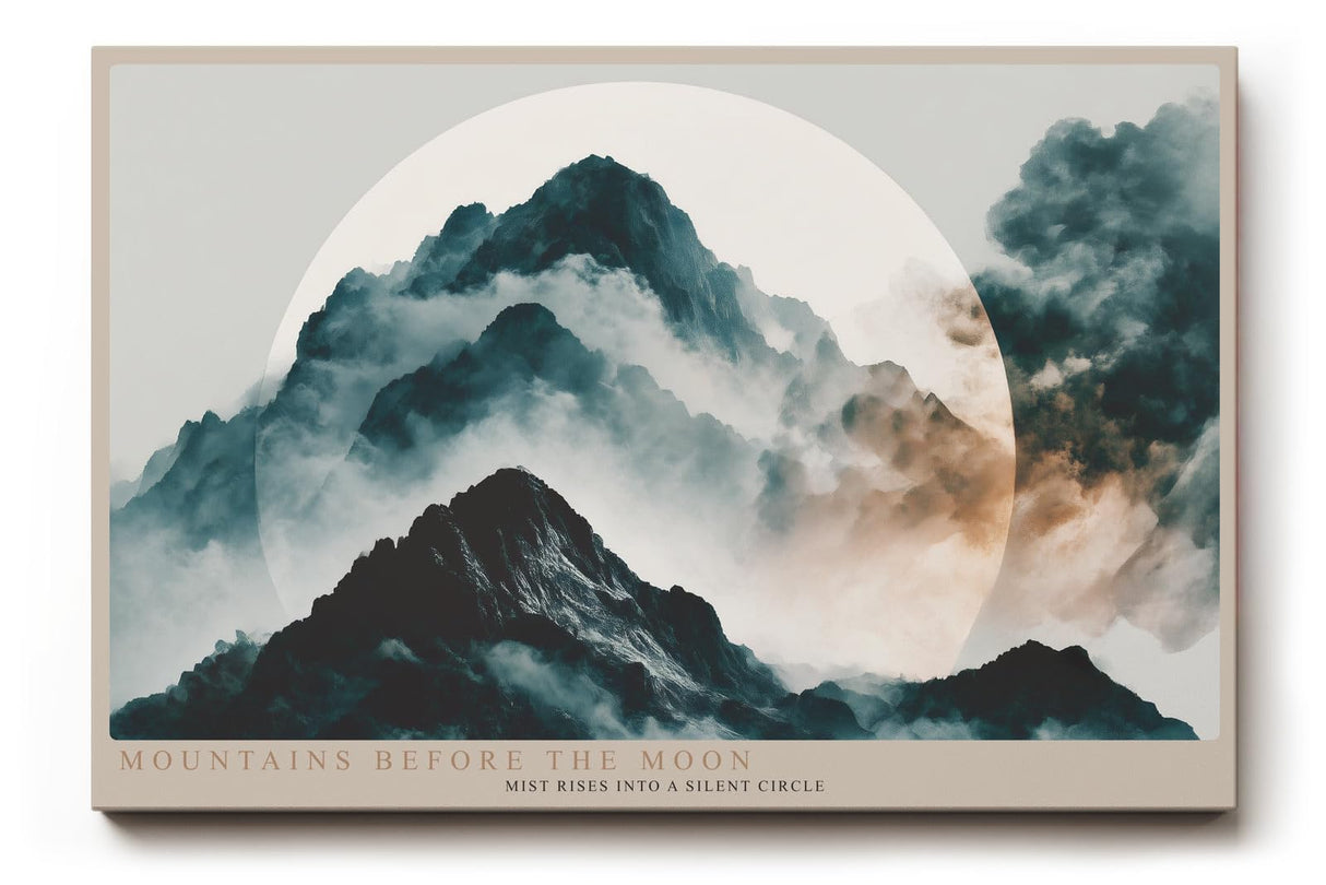 Paul Sinus Wandbild 120x80cm Mountains Before the Moon mystische Berglandschaft mit Mond Nebel moderne Natur Kunst Poster für Wohnzimmer Schlafzimmer Büro