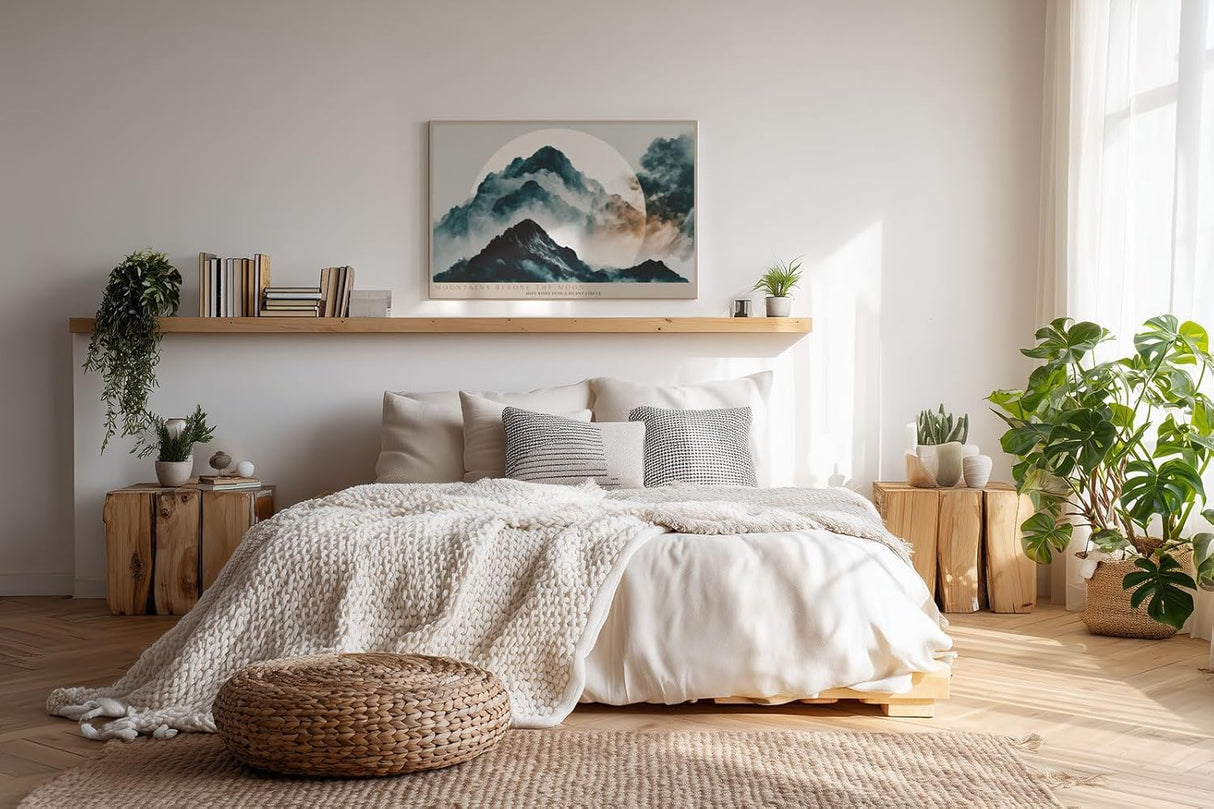 Paul Sinus Wandbild 120x80cm Mountains Before the Moon mystische Berglandschaft mit Mond Nebel moderne Natur Kunst Poster für Wohnzimmer Schlafzimmer Büro