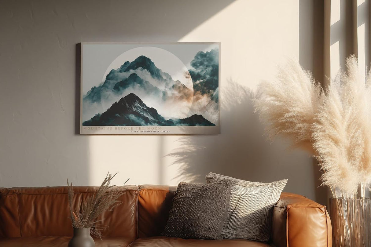 Paul Sinus Wandbild 120x80cm Mountains Before the Moon mystische Berglandschaft mit Mond Nebel moderne Natur Kunst Poster für Wohnzimmer Schlafzimmer Büro