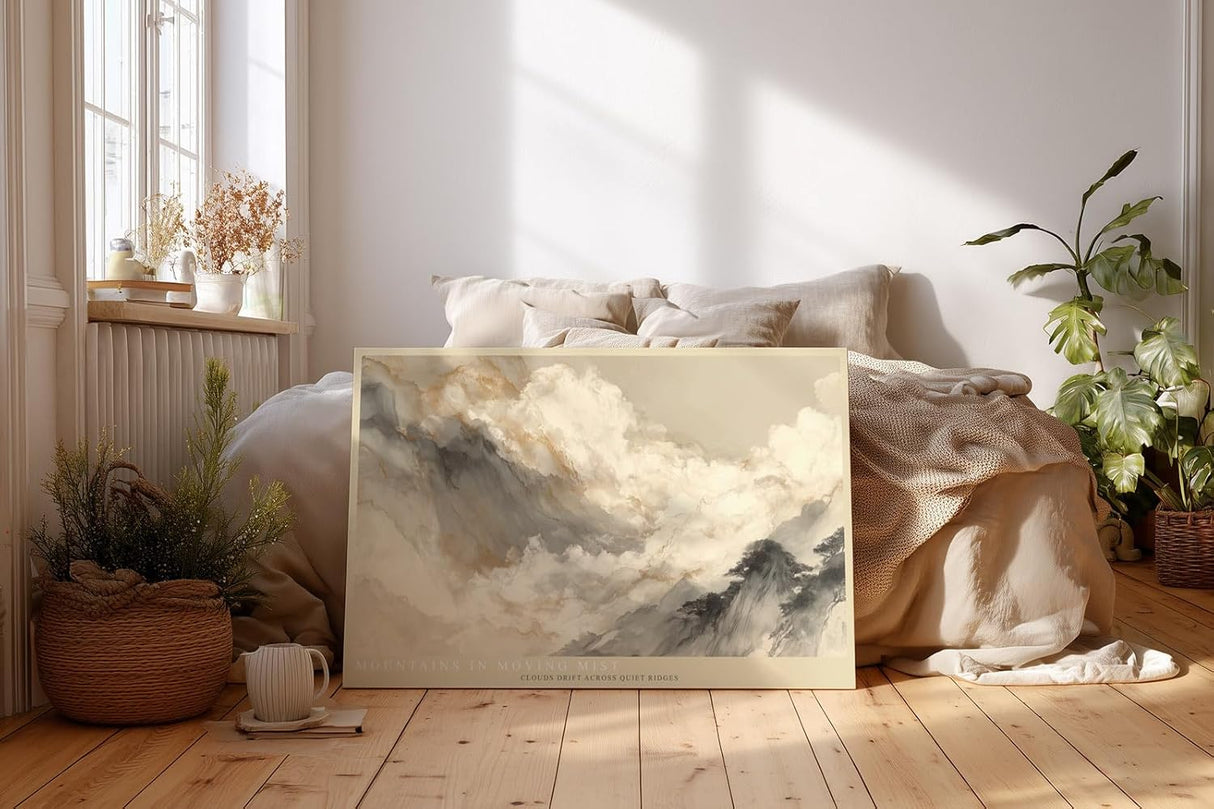 Paul Sinus Wandbild 120x80cm Mountains in Moving Mist asiatische Berglandschaft mit Nebel minimalistische Natur Kunst Poster für Wohnzimmer Schlafzimmer Büro