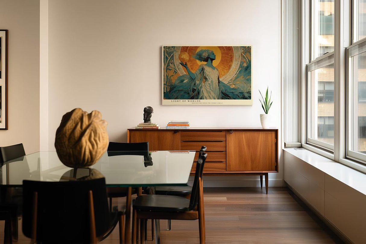 Paul Sinus Wandbild 120x80cm Mystische Frau Kosmische Kunstmotiv Jugendstil Inspiration mit goldener Sonne