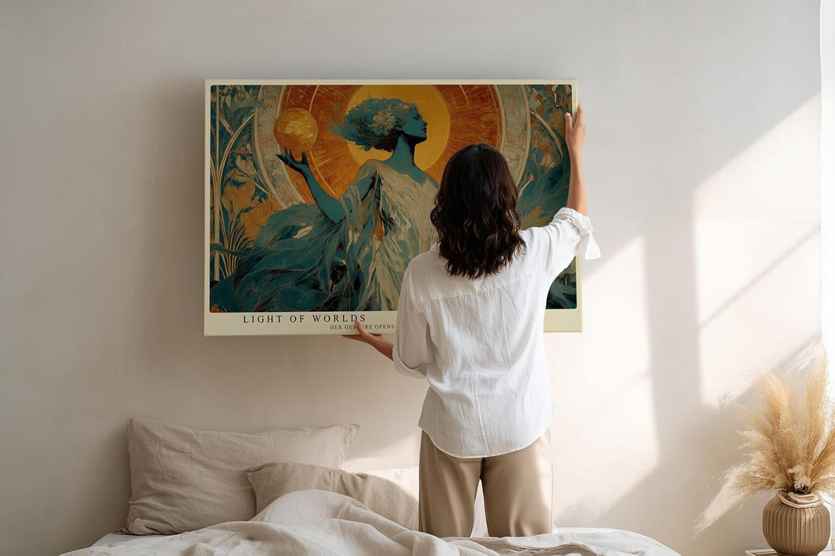 Paul Sinus Wandbild 120x80cm Mystische Frau Kosmische Kunstmotiv Jugendstil Inspiration mit goldener Sonne