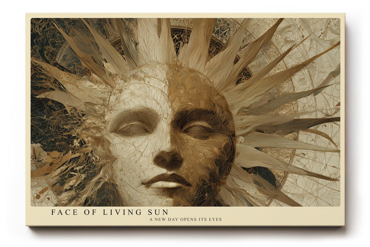 Paul Sinus Wandbild 120x80cm Mystische Sonnenmaske Kunst in Gold und Beige Surreales Gesicht Design für Wohnzimmer Büro und Atelier