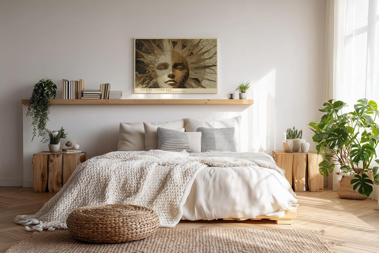 Paul Sinus Wandbild 120x80cm Mystische Sonnenmaske Kunst in Gold und Beige Surreales Gesicht Design für Wohnzimmer Büro und Atelier