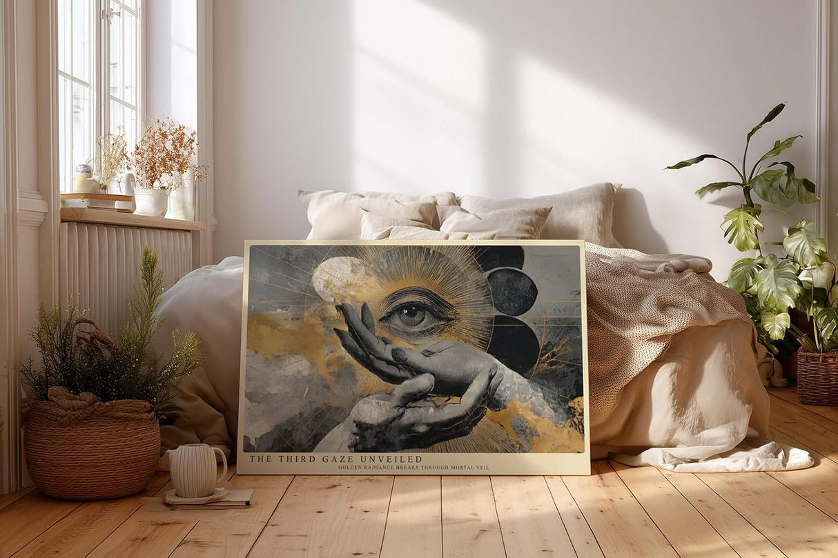 Paul Sinus Wandbild 120x80cm Mystisches Auge Hand Symbol Kunstmotiv Abstrakte spirituelle Illustration in Gold und Schwarz