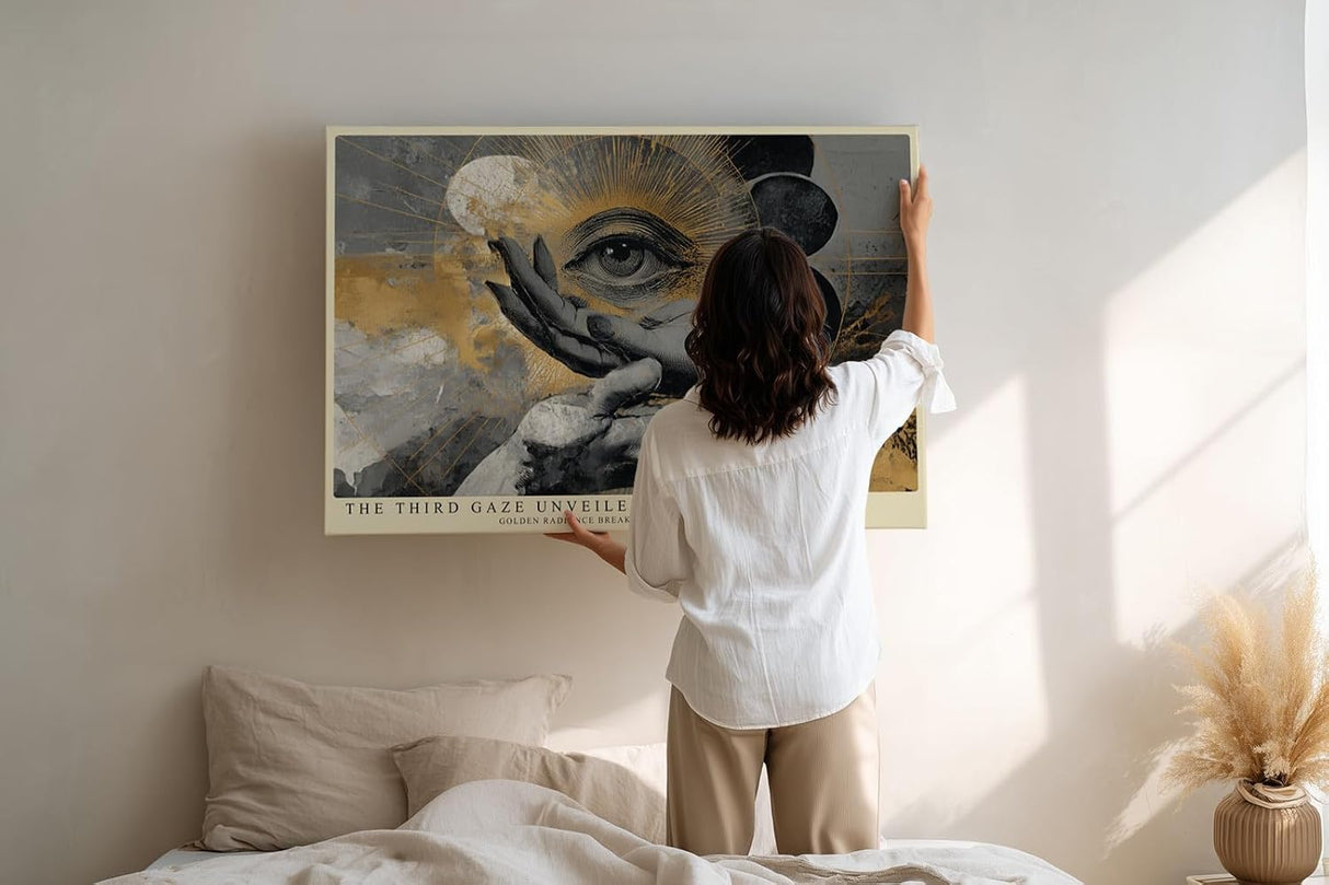 Paul Sinus Wandbild 120x80cm Mystisches Auge Hand Symbol Kunstmotiv Abstrakte spirituelle Illustration in Gold und Schwarz