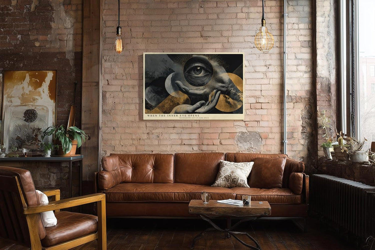 Paul Sinus Wandbild 120x80cm Mystisches Auge in Händen Moderne Surreale Kunst in Schwarz Gold für Wohnzimmer Büro und Atelier
