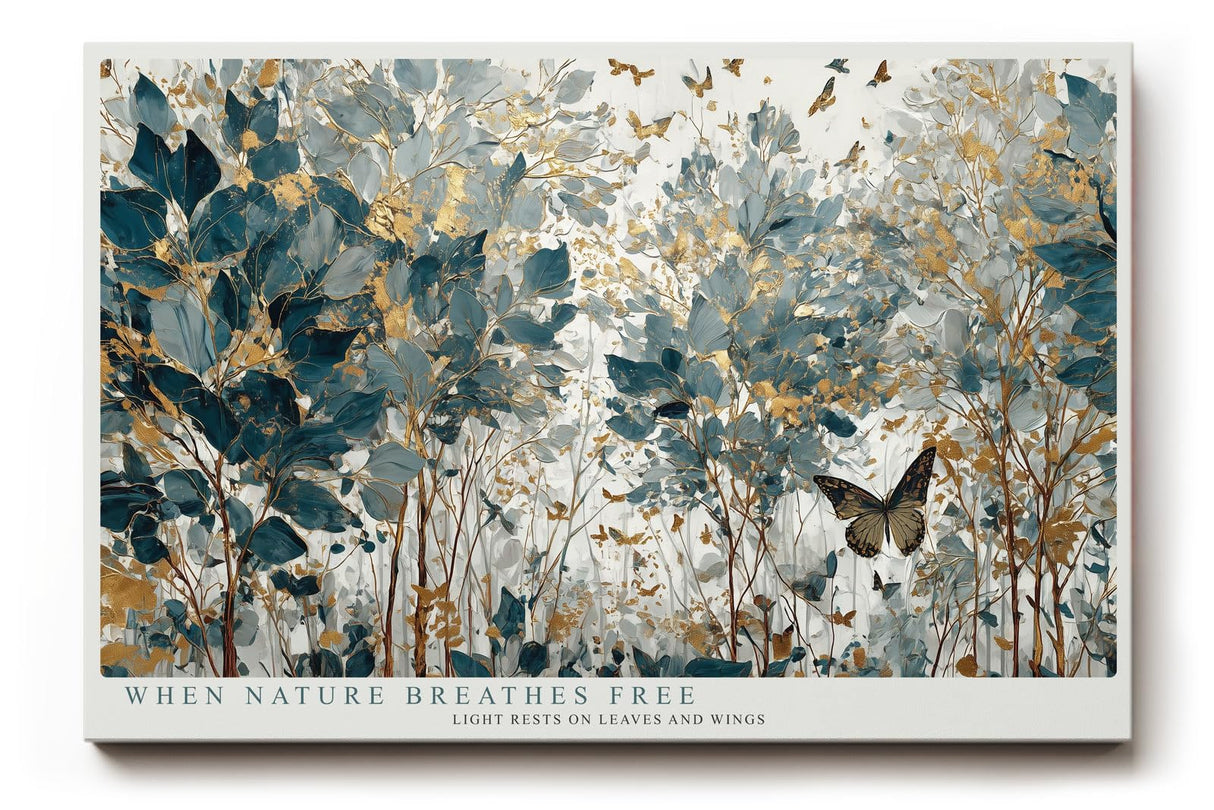 Paul Sinus Wandbild 120x80cm Naturillustration Blaetter und Schmetterlinge in Blau Gold Botanische Kunst Wanddekoration