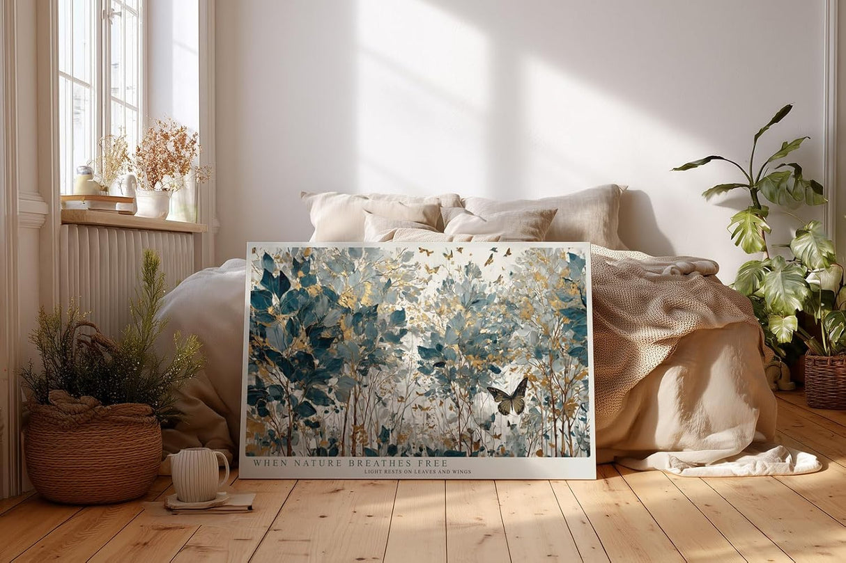 Paul Sinus Wandbild 120x80cm Naturillustration Blaetter und Schmetterlinge in Blau Gold Botanische Kunst Wanddekoration