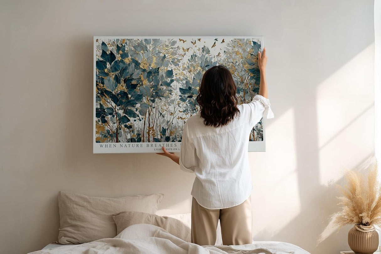 Paul Sinus Wandbild 120x80cm Naturillustration Blaetter und Schmetterlinge in Blau Gold Botanische Kunst Wanddekoration