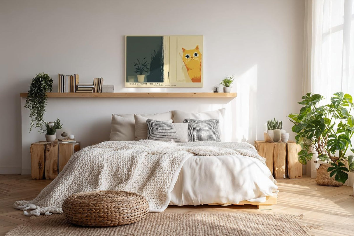 Paul Sinus Wandbild 120x80cm niedliche Katze Illustration minimalistische Tierkunst warmes gelb modernes Poster Bild stilvolle Wanddekoration fuer Wohnzimmer Schlafzimmer Flur Büro