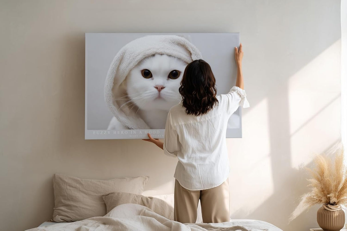 Paul Sinus Wandbild 120x80cm Niedliche weisse Katze mit Kapuze modernes Tierportraet