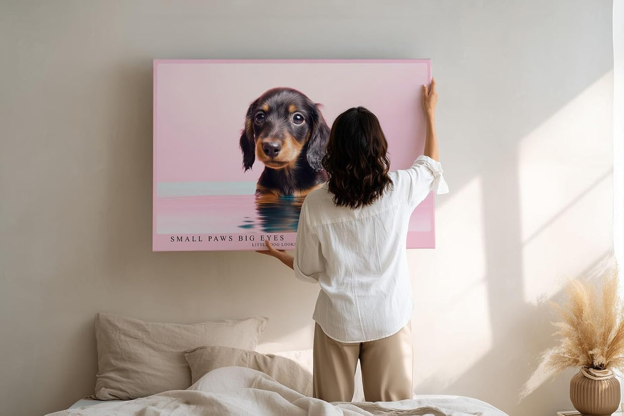 Paul Sinus Wandbild 120x80cm niedlicher Dackel Welpe Portrait moderne Tierfotografie rosa Hintergrund Kunstdruck stilvolle Wanddekoration fuer Wohnzimmer Kinderzimmer Büro