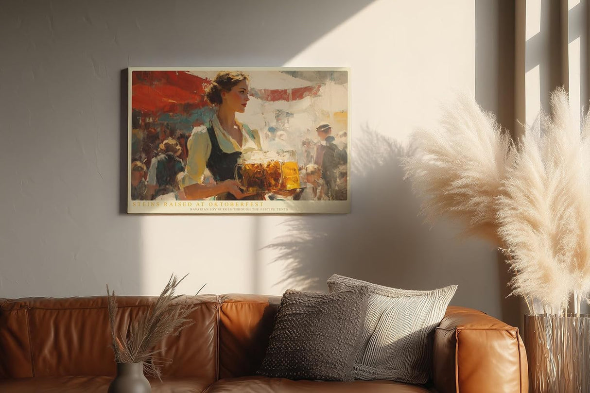 Paul Sinus Wandbild 120x80cm Oktoberfest Szene mit Bierkrug Traditionelle Festkunst in warmen Farben fuer Kueche und Wohnraum