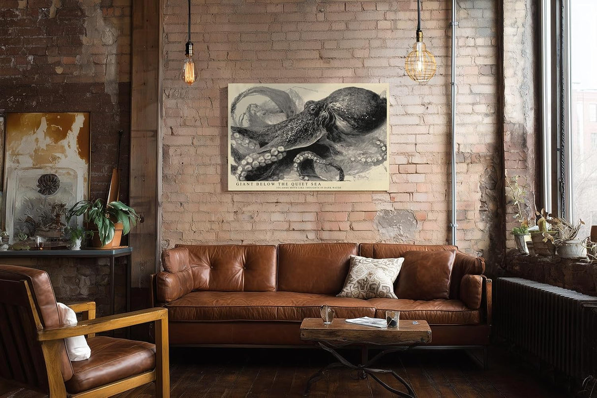 Paul Sinus Wandbild 120x80cm Oktopus Illustration Meereskunst Schwarz Weiss Vintage Naturstudie