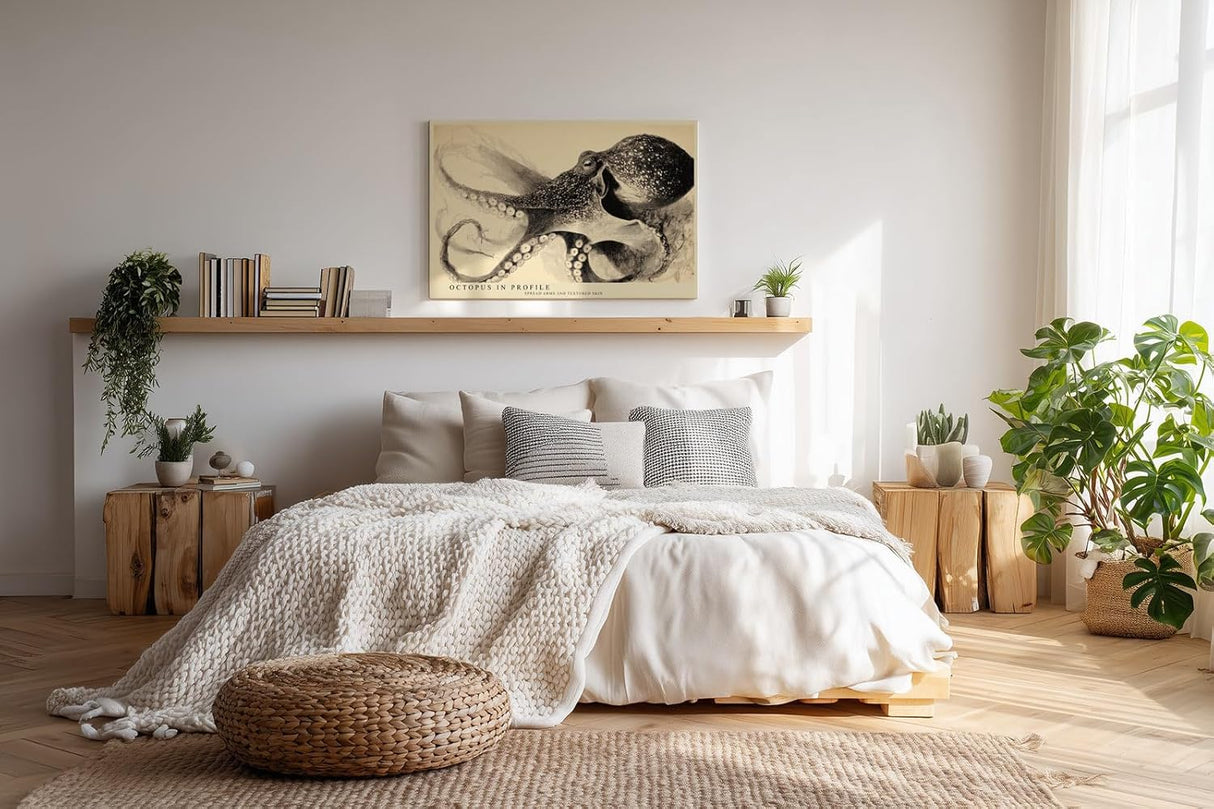 Paul Sinus Wandbild 120x80cm Oktopus Illustration Vintage Meereskunst Schwarz Weiss fuer Wohnzimmer Büro und maritime Einrichtung