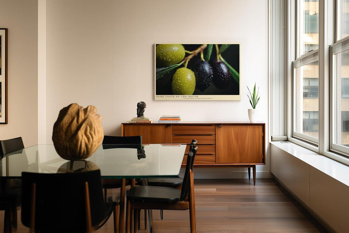 Paul Sinus Wandbild 120x80cm Oliven Makrofotografie mediterrane Frucht Naturmotiv gruene schwarze Oliven moderne Wanddekoration fuer Kueche Esszimmer Wohnzimmer