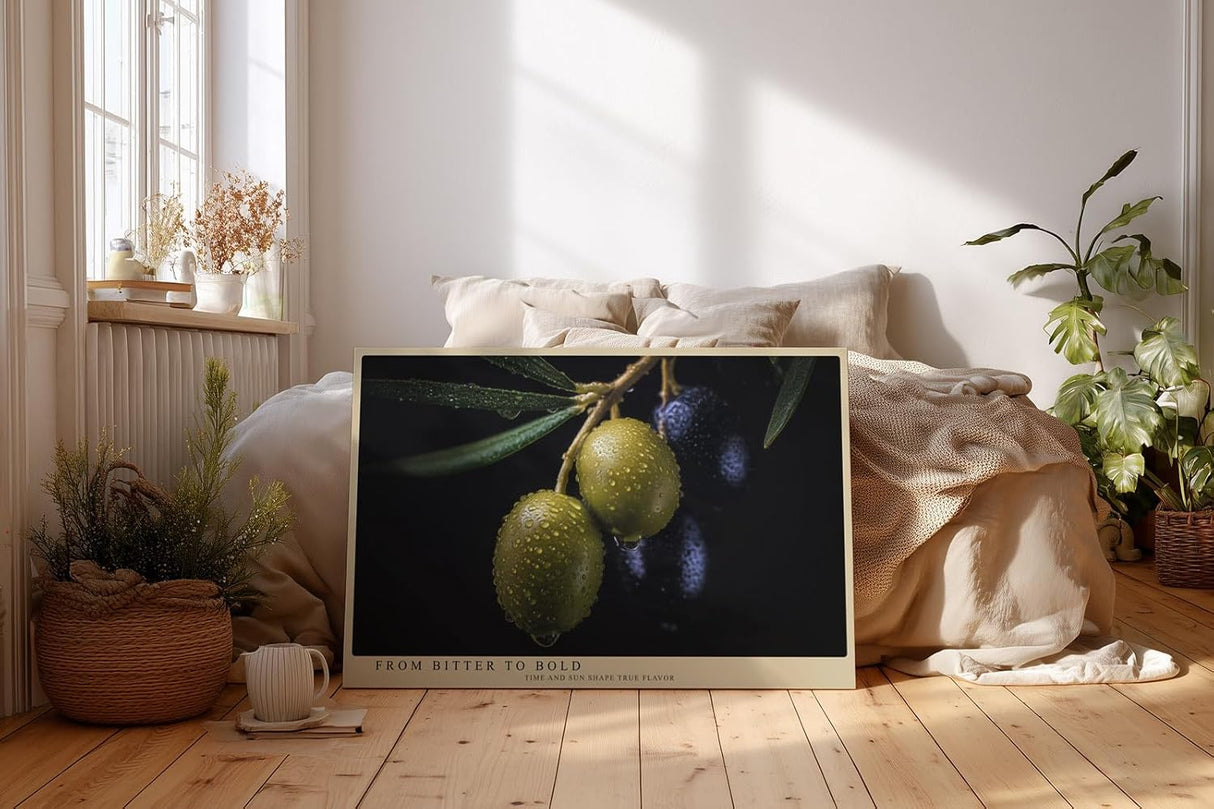Paul Sinus Wandbild 120x80cm Olivenzweig Makrofotografie mediterrane Frucht Naturmotiv moderne Kuechen Wanddekoration fuer Esszimmer Wohnzimmer