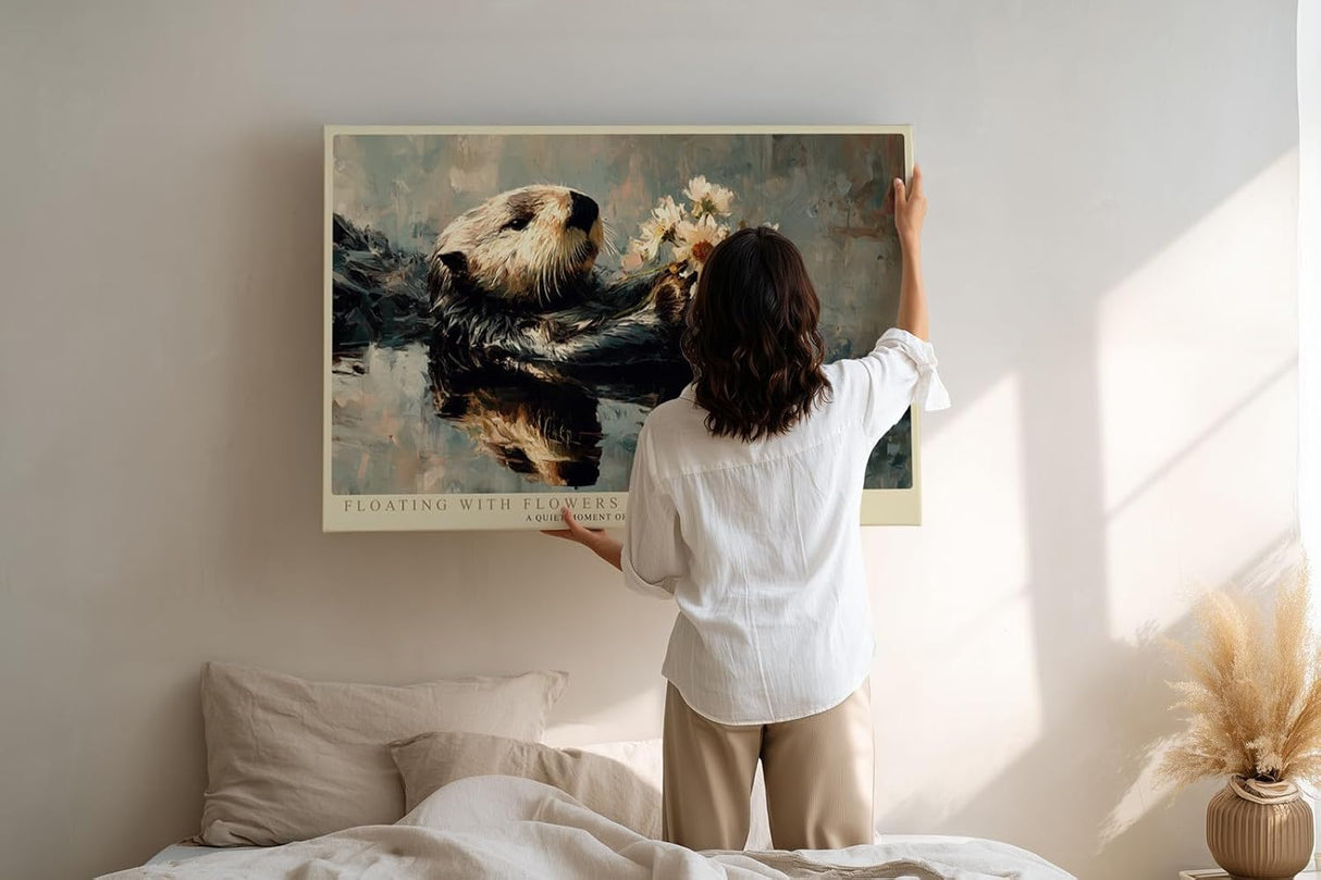 Paul Sinus Wandbild 120x80cm Otter mit Blumen moderne Tierkunst naturinspirierte Malerei grosses Kunstbild stilvolle Wanddekoration fuer Wohnzimmer Büro