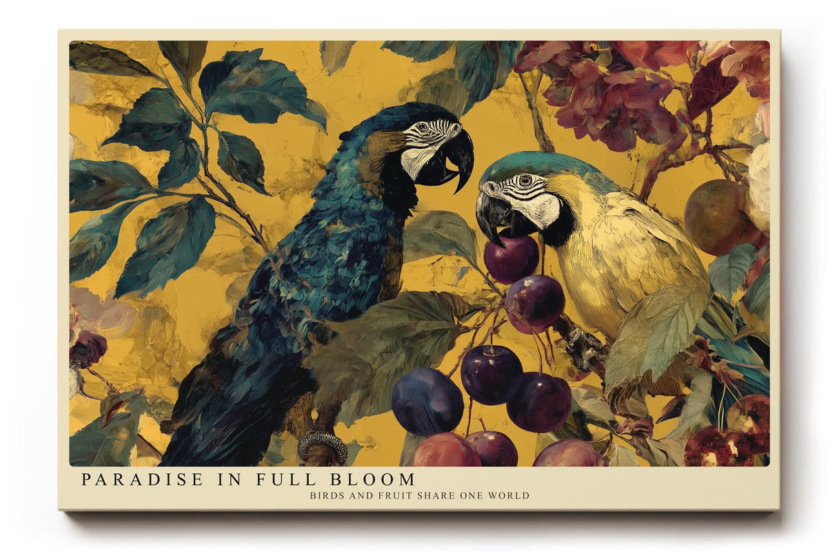 Paul Sinus Wandbild 120x80cm Papageien im Tropischen Garten Farbenfrohe Exotische Vogelkunst mit Früchten Natur Wanddekoration