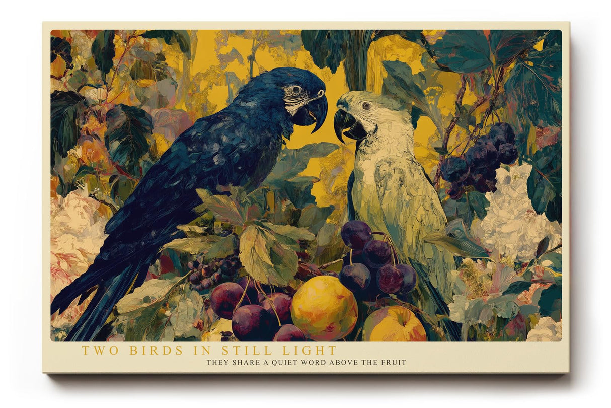Paul Sinus Wandbild 120x80cm Papageien Stillleben Tropische Voegel Kunstmotiv mit Früchten und Pflanzen