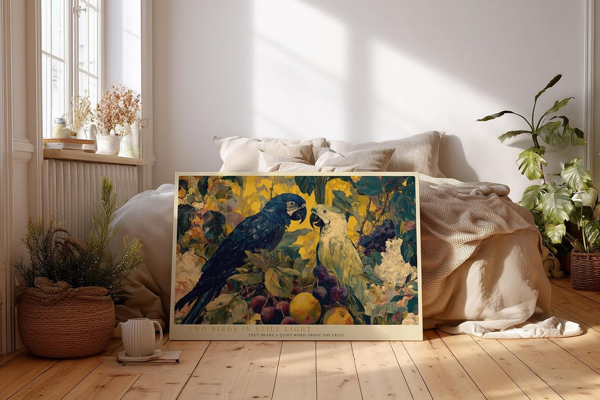 Paul Sinus Wandbild 120x80cm Papageien Stillleben Tropische Voegel Kunstmotiv mit Früchten und Pflanzen