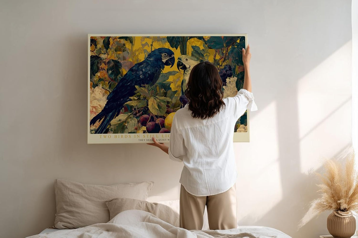 Paul Sinus Wandbild 120x80cm Papageien Stillleben Tropische Voegel Kunstmotiv mit Früchten und Pflanzen