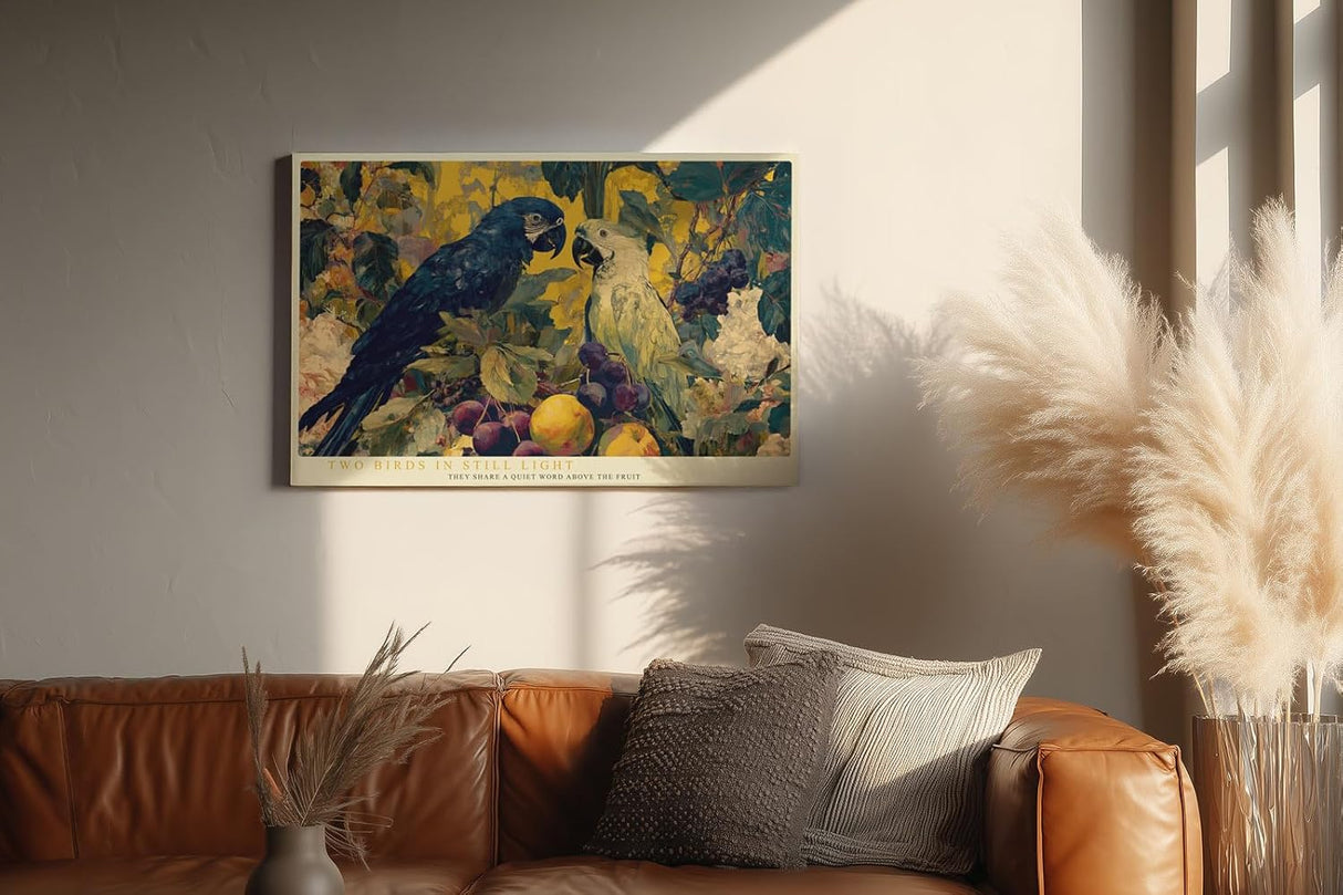 Paul Sinus Wandbild 120x80cm Papageien Stillleben Tropische Voegel Kunstmotiv mit Früchten und Pflanzen