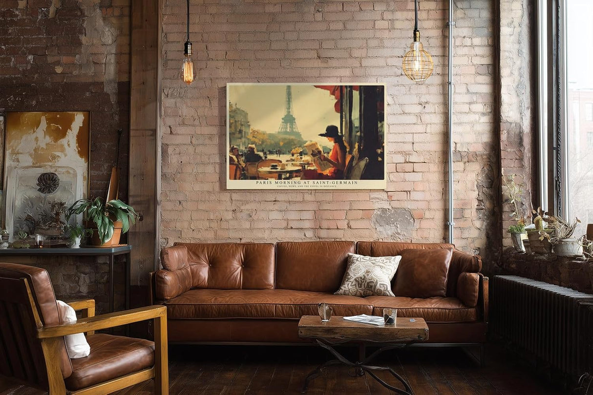 Paul Sinus Wandbild 120x80cm Paris Morning at Saint Germain Café Szene mit Eiffelturm und Zeitung Kunst Poster für Wohnzimmer Küche