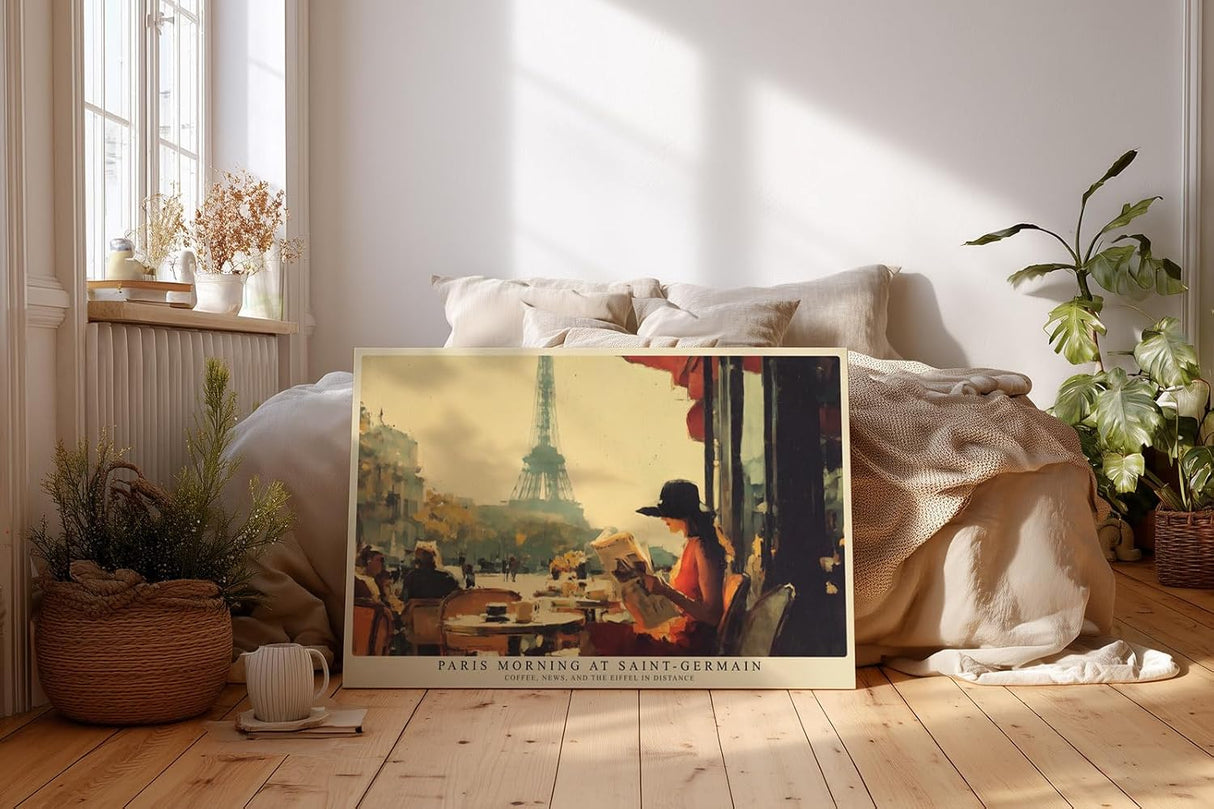 Paul Sinus Wandbild 120x80cm Paris Morning at Saint Germain Café Szene mit Eiffelturm und Zeitung Kunst Poster für Wohnzimmer Küche