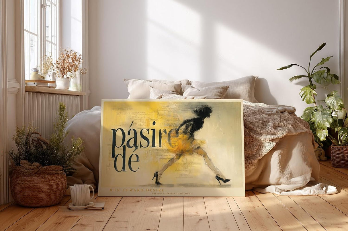 Paul Sinus Wandbild 120x80cm Passion de moderne Fashion Illustration Frau in Bewegung gelb beige Kunst Poster stilvolle