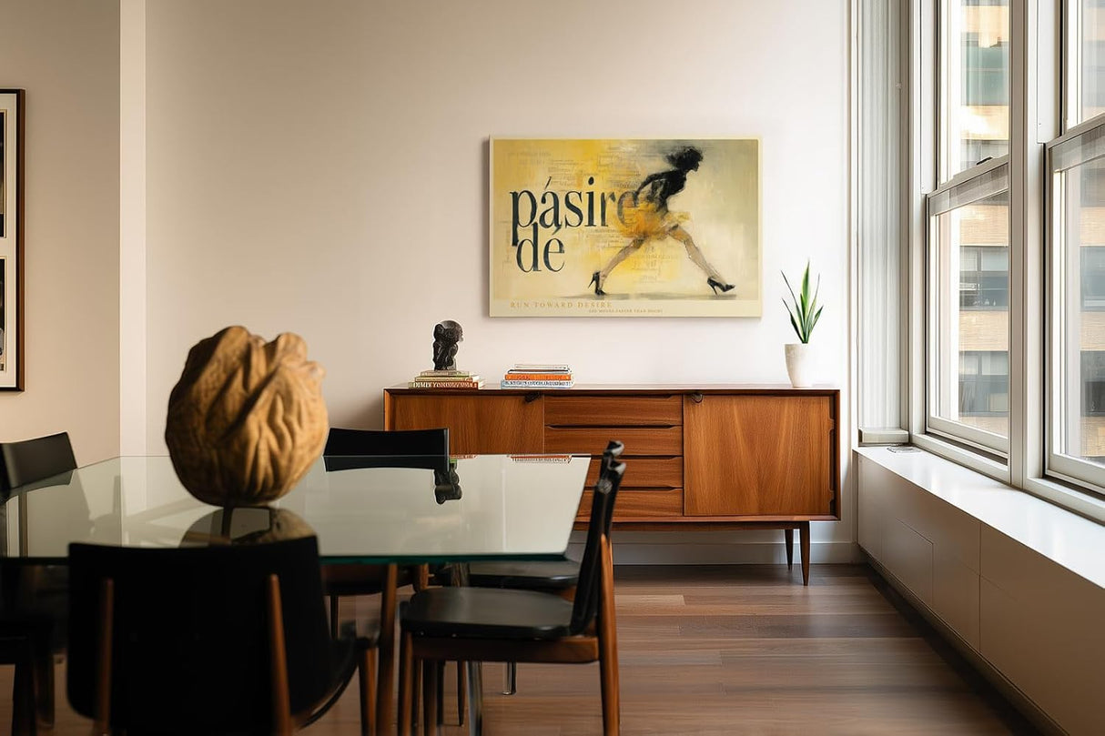 Paul Sinus Wandbild 120x80cm Passion de moderne Fashion Illustration Frau in Bewegung gelb beige Kunst Poster stilvolle