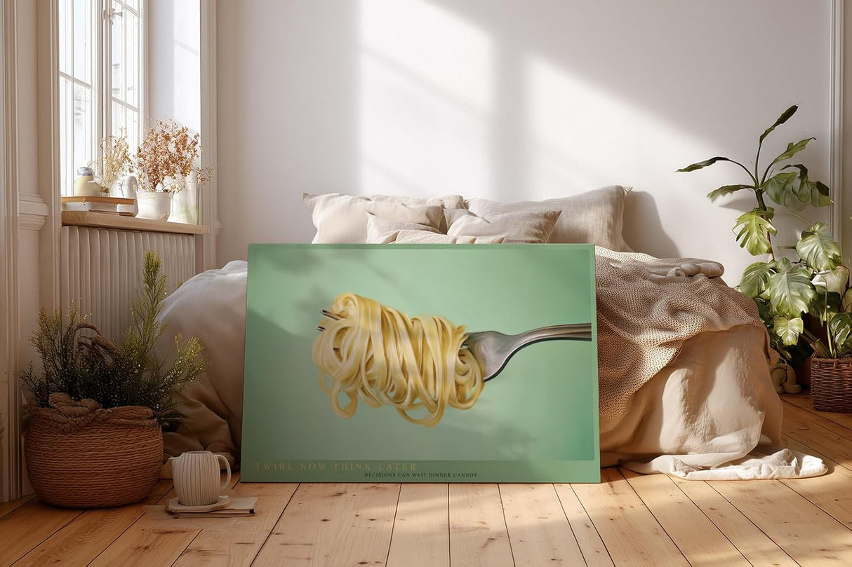 Paul Sinus Wandbild 120x80cm Pasta auf Gabel Food Illustration moderne Küchenkunst minimalistische Nudel Darstellung stilvolles Küchenbild für Küche Esszimmer Restaurant