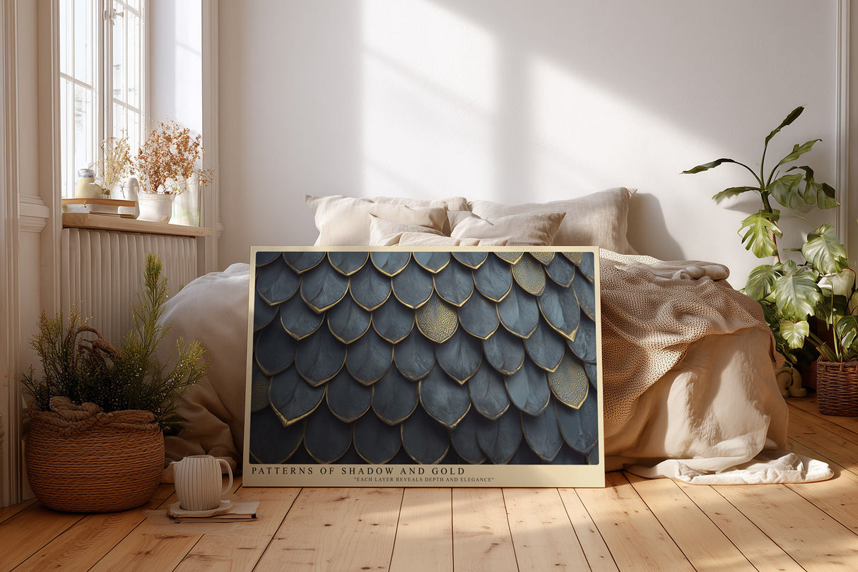 Paul Sinus Wandbild Patterns of Shadow and Gold elegantes Strukturmotiv mit goldumrandeten Schuppenformen