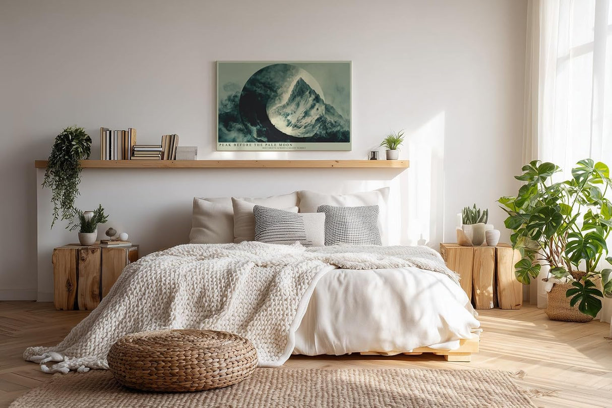 Paul Sinus Wandbild 120x80cm Peak Before the Pale Moon mystische Berglandschaft mit Mond Nebel moderne Natur Kunst Poster für Wohnzimmer Schlafzimmer