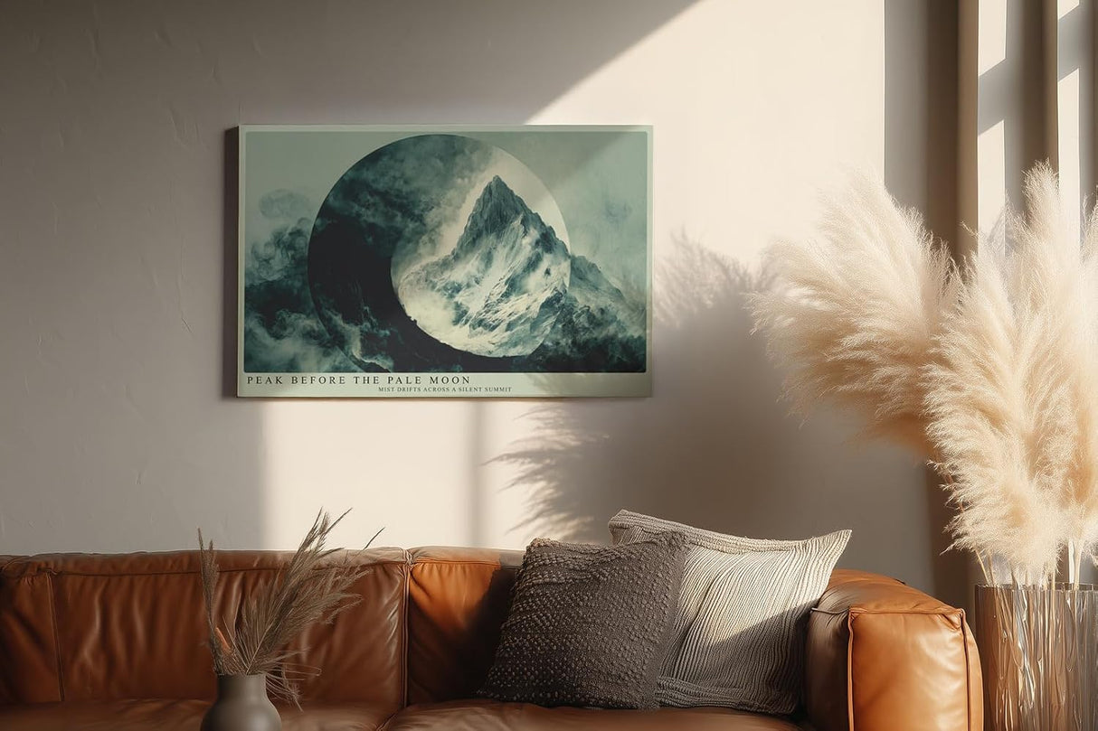 Paul Sinus Wandbild 120x80cm Peak Before the Pale Moon mystische Berglandschaft mit Mond Nebel moderne Natur Kunst Poster für Wohnzimmer Schlafzimmer